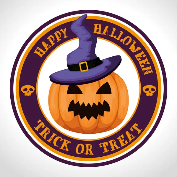 Happy halloween-kort med pumpkinand häxa hatt — Stock vektor