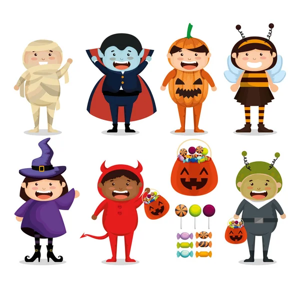 Groep Kinderen Verkleed Halloween Vector Illustratie Ontwerp — Stockvector