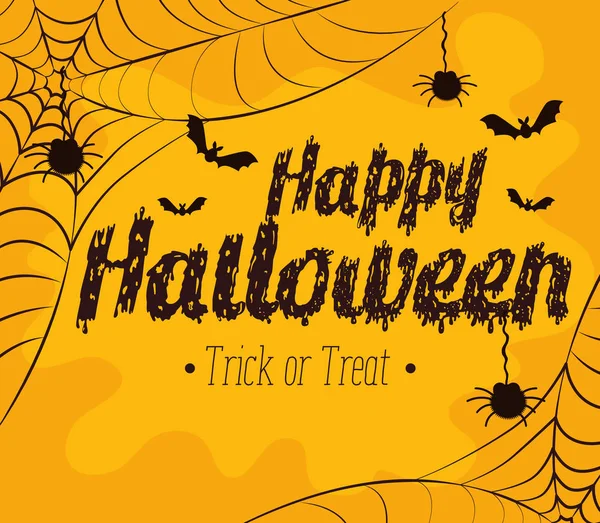 Feliz tarjeta de Halloween con araña y murciélagos volando — Vector de stock