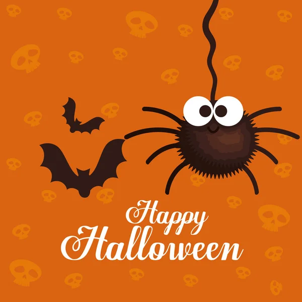 Happy halloween card with spider and bats flying — Stock Vector