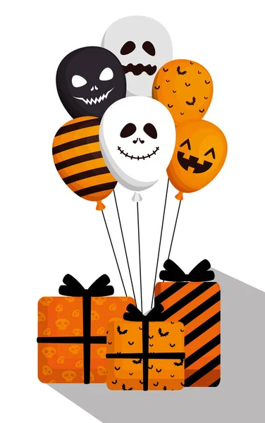 Carte d'Halloween avec ballons hélium et cadeaux — Image vectorielle