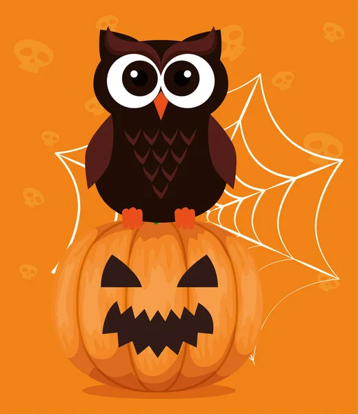 Carte d'Halloween heureuse avec hibou et citrouille — Image vectorielle