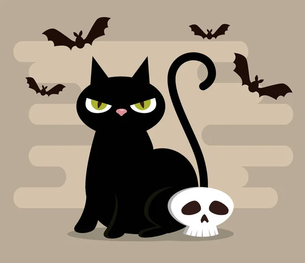 Счастливая открытка на Хэллоуин с черной кошкой — стоковый вектор
