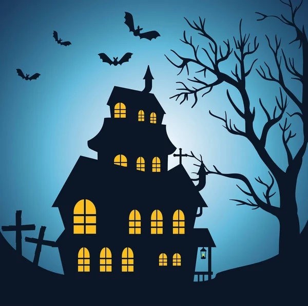 Feliz tarjeta de Halloween con castillo encantado — Vector de stock
