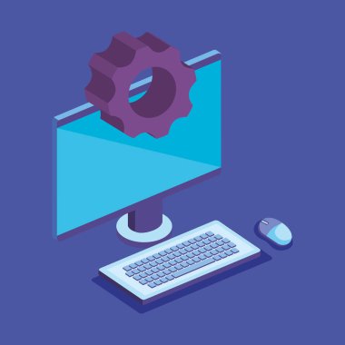 Dişli simgeleri ile masaüstü bilgisayar