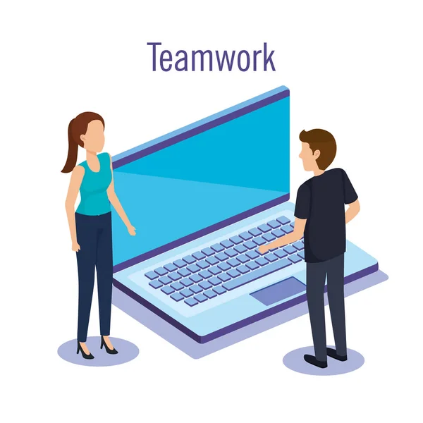 Casal de trabalho em equipe com laptop — Vetor de Stock