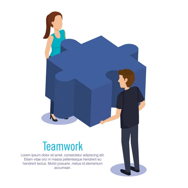 Couple teamwork with puzzle pieces — Stock Vector