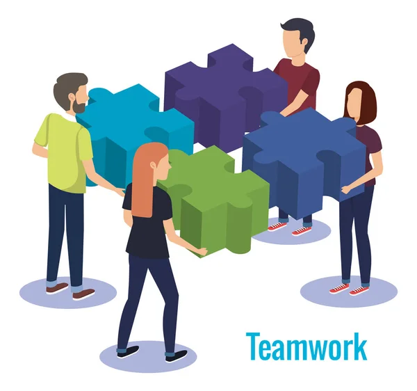Groupe de personnes travail d'équipe avec jeu de puzzle — Image vectorielle