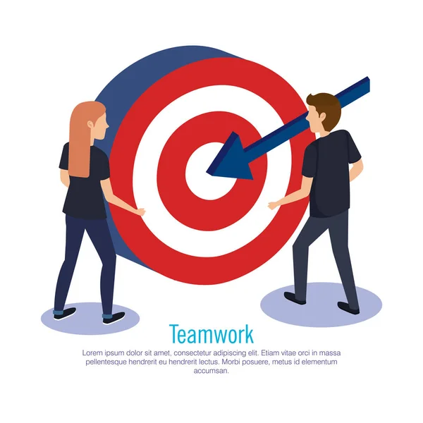 Couple teamwork with target — Stock Vector