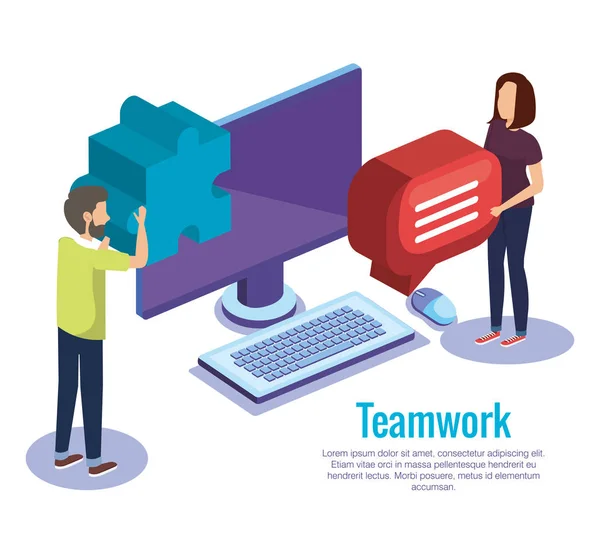 Couple teamwork with desktop — Stock Vector