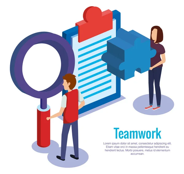 Couple teamwork with checklist — Stock Vector