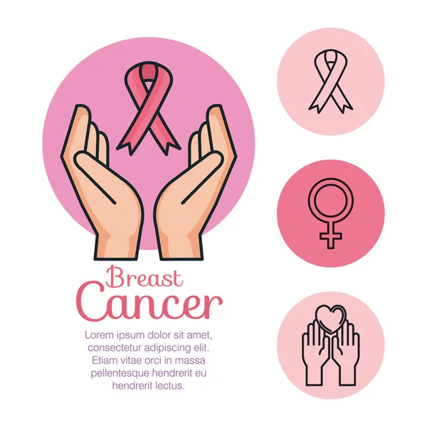 Hands with ribbon with breast cancer icons — Stock Vector