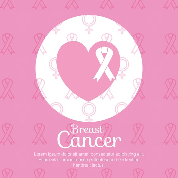 Heart with ribbon breast cancer icons — Stock Vector