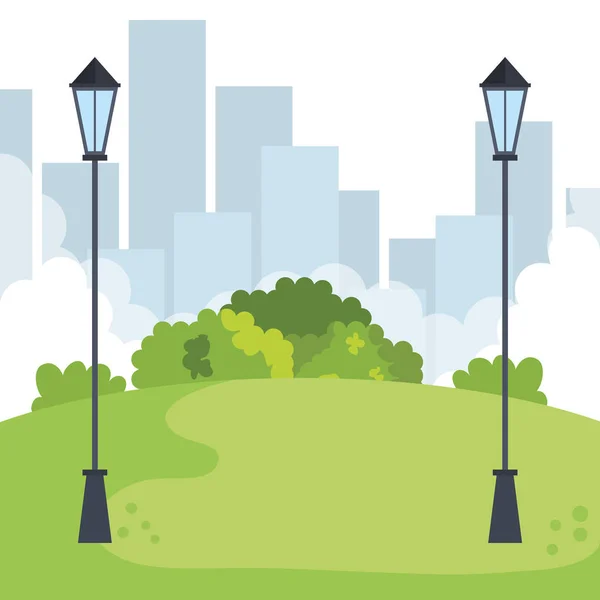 Parklandschap met lampen scène pictogram — Stockvector
