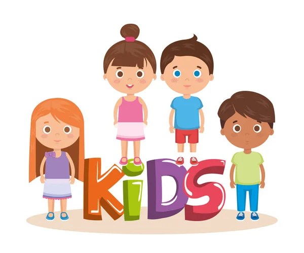 Grupo de niños pequeños con caracteres de palabra — Archivo Imágenes Vectoriales