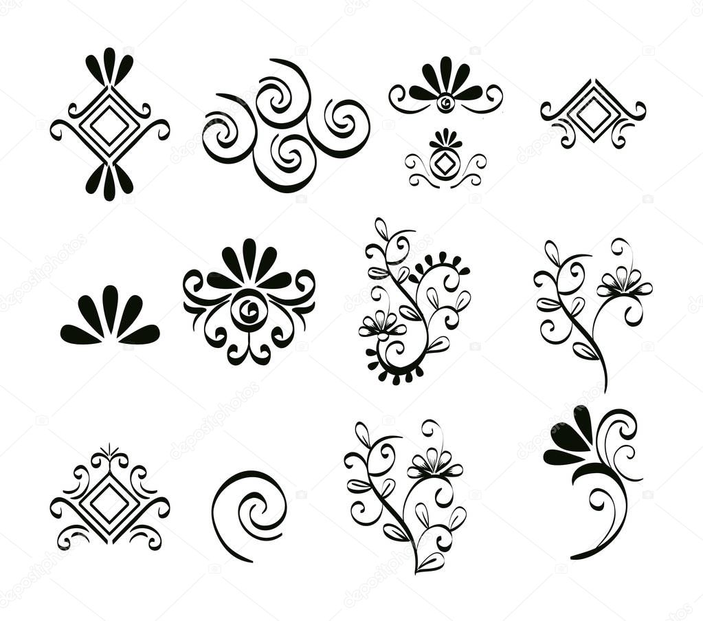 set victorian and floral monochrome icons