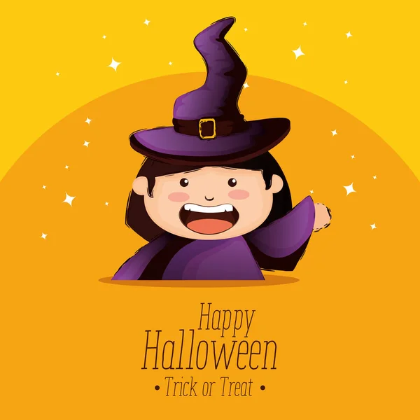 Felice biglietto di Halloween con piccola strega — Vettoriale Stock