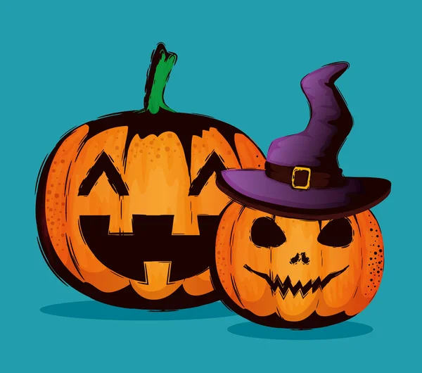 Heureuse carte d'Halloween avec citrouille et chapeau sorcière — Image vectorielle