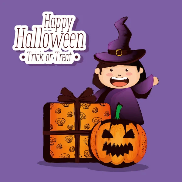 Carte d'Halloween heureuse avec petite sorcière — Image vectorielle