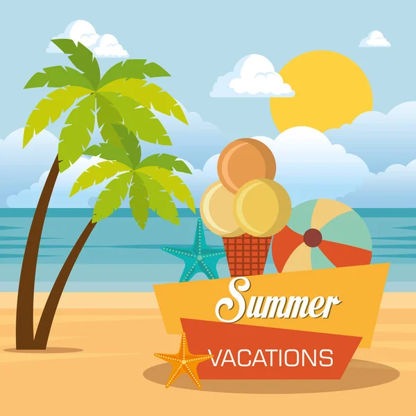 Vacaciones de verano playa con iconos — Vector de stock