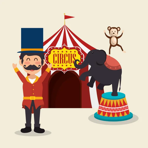 Scimmie e spettacolo circo elefante — Vettoriale Stock