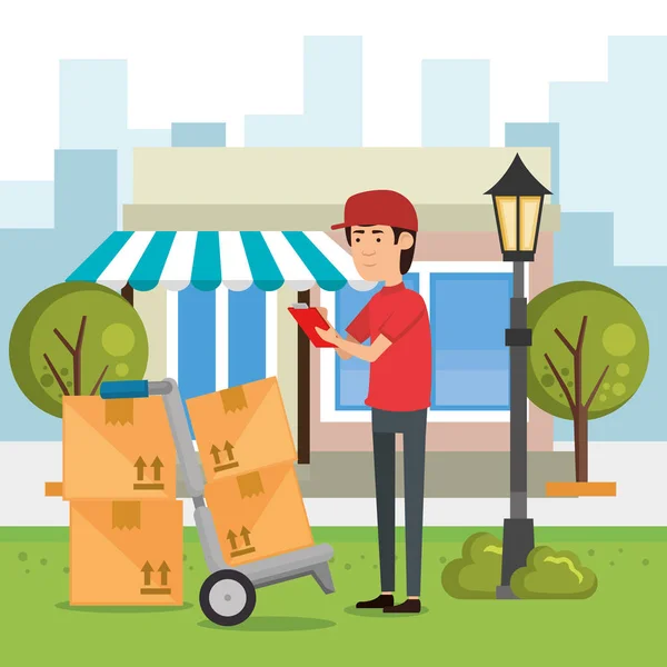 Delivery worker with cart boxes character — Stock Vector