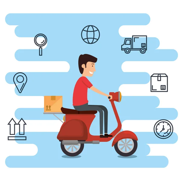 Delivery worker with motorcycle character — Stock Vector