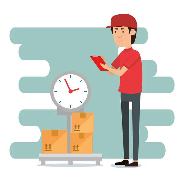 Delivery worker with balance character — Stock Vector
