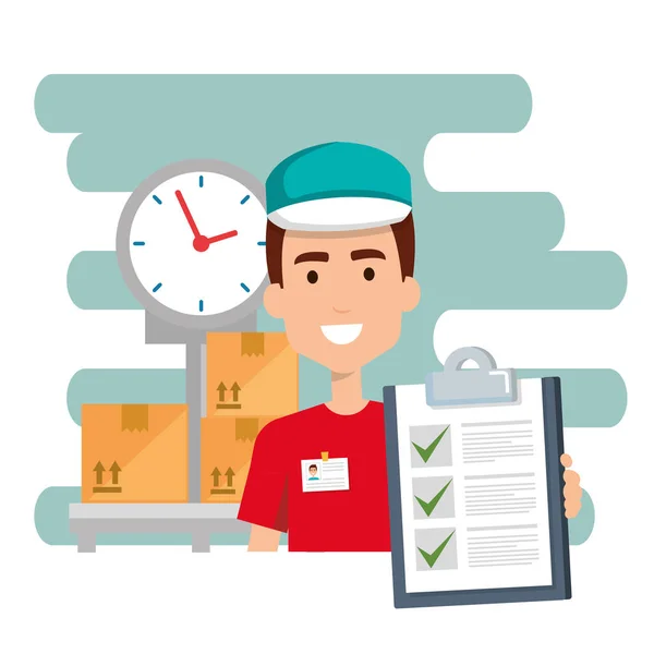 Trabalhador de entrega com caráter checklist — Vetor de Stock