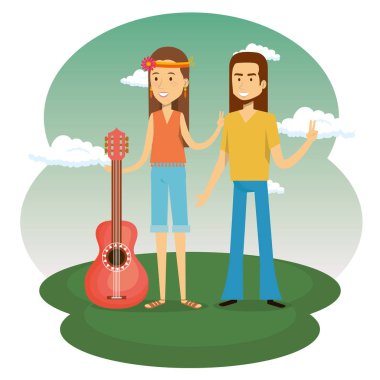 Çift hippiler gitar yaşam tarzı karakterleri oynamak