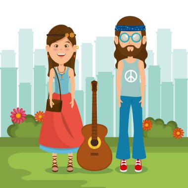 Çift hippiler gitar yaşam tarzı karakterleri oynamak