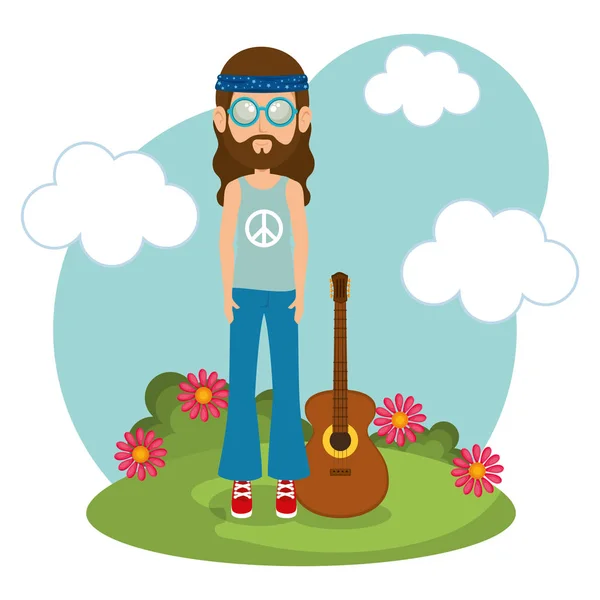 Man hippie with guitar lifestyle character — Stock Vector