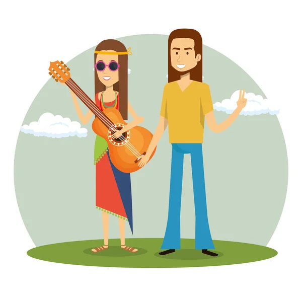 夫妇嬉皮士玩吉他生活方式字符 — 图库矢量图片