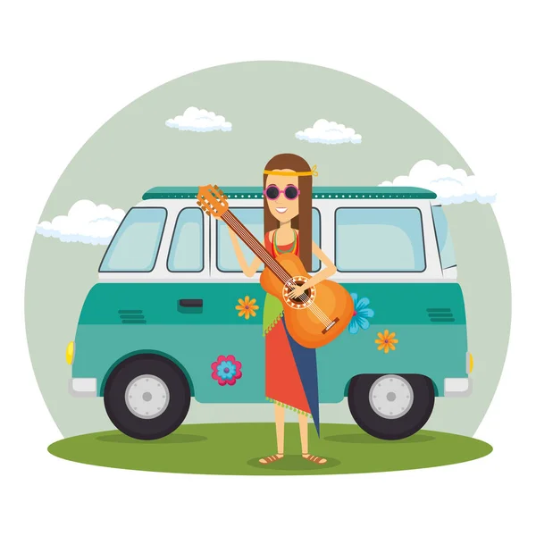 Woman hippie with guitar lifestyle character — Stock Vector