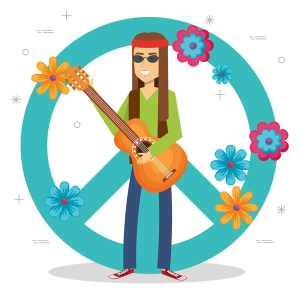 Man hippie met karakter van de levensstijl van de gitaar — Stockvector