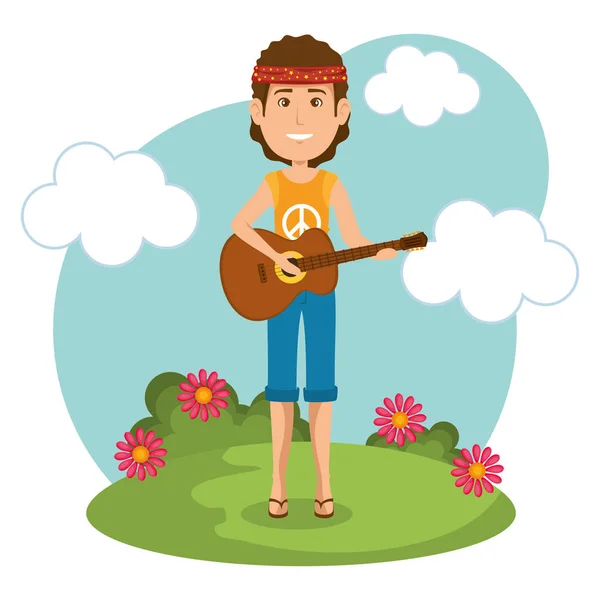 Man hippie with guitar lifestyle character — Stock Vector