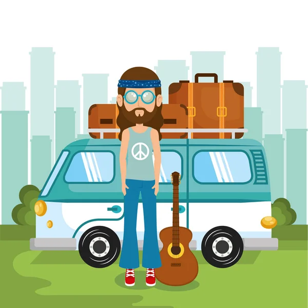 Hombre hippie con guitarra estilo de vida carácter — Vector de stock