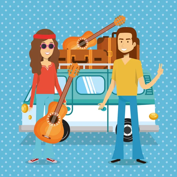 Dva hippies hraje kytara životní styl znaků — Stockový vektor