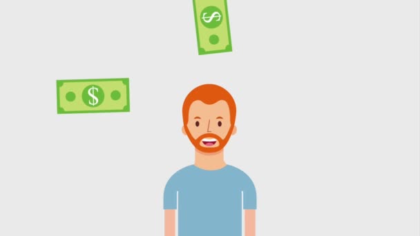 Retrato hombre barbudo caída de billetes de banco dinero — Vídeos de Stock