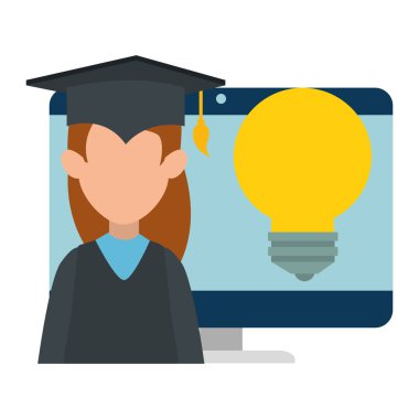 bilgisayar ve ampul vektör çizim ile kadın öğrenci mezun oldu