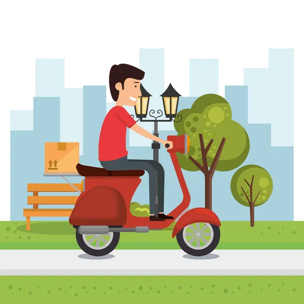 Delivery worker with motorcycle character — Stock Vector