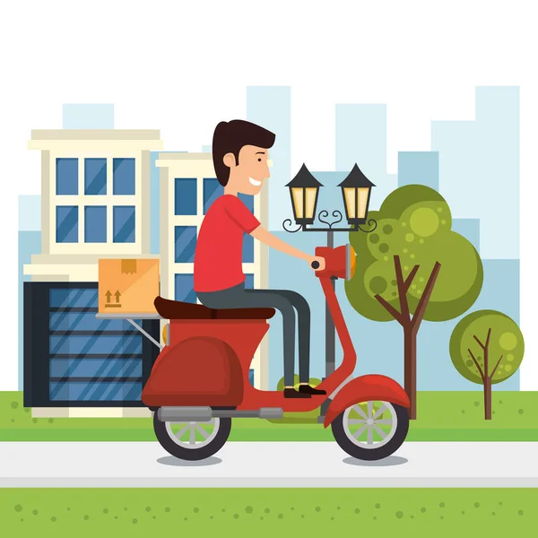 Delivery worker with motorcycle character — Stock Vector