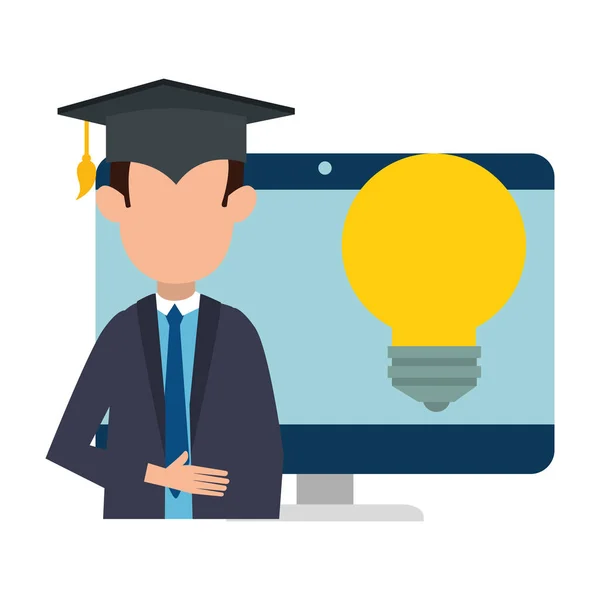 Student graduated with computer and bulb — Stock Vector