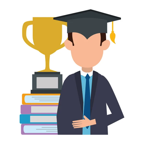 Estudiante graduado con trofeo y libros — Vector de stock
