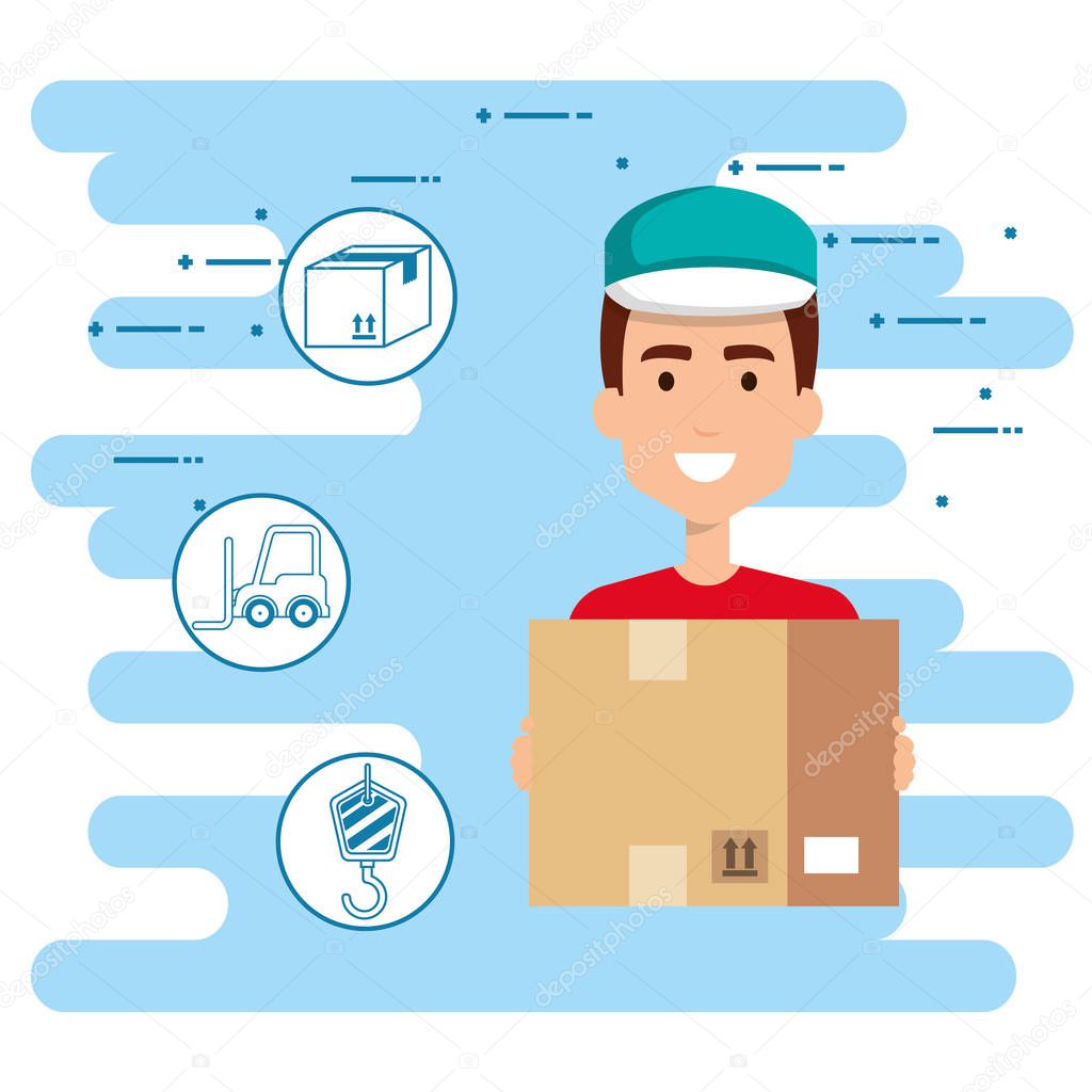 delivery worker with set icons