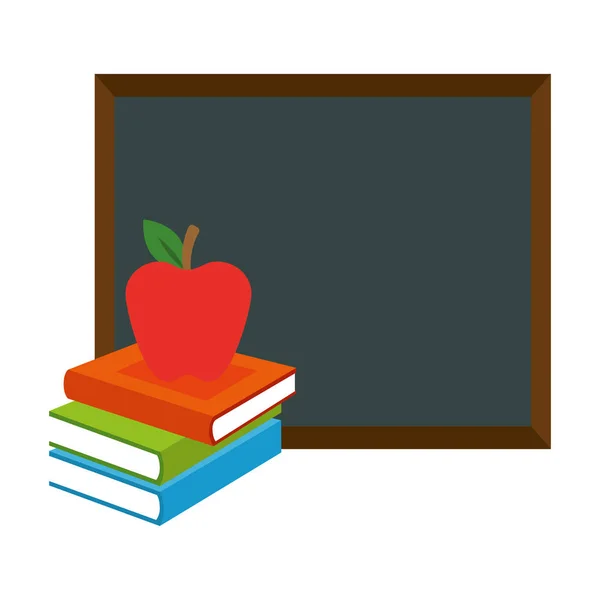 Pile text books with chalkboard and apple — Stock Vector