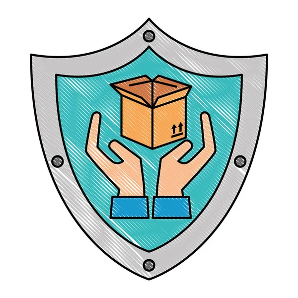 Escudo con caja de cartón y protección de manos — Vector de stock