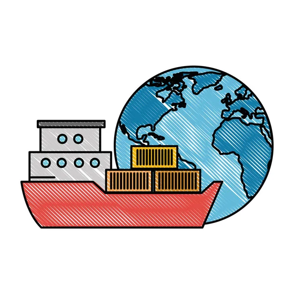 Planeta mundo terra com navio de carga —  Vetores de Stock