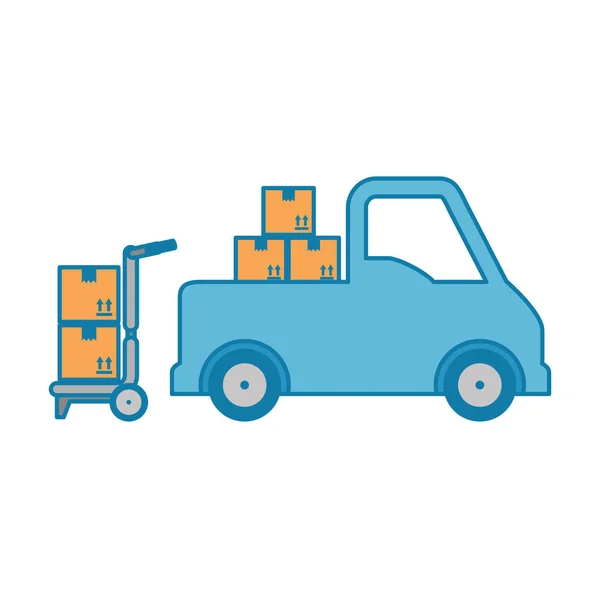 Stapel dozen karton met vrachtwagen en kar — Stockvector