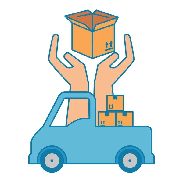 Boîtes à pile carton avec camion et mains — Image vectorielle